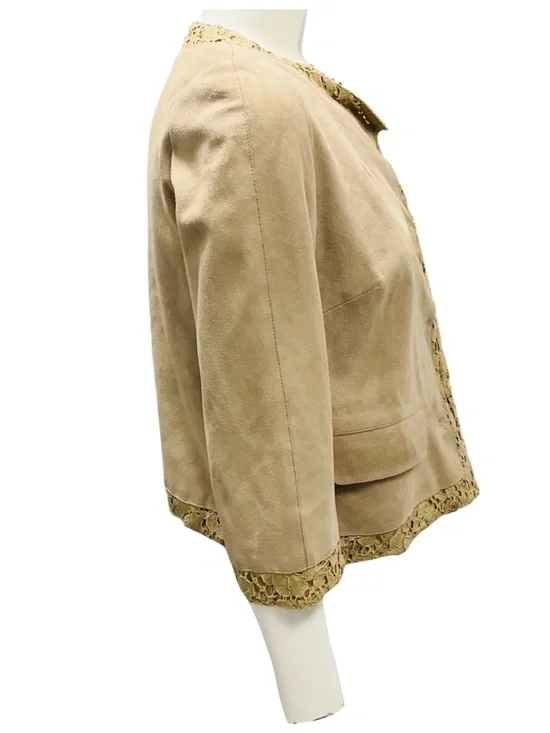 DOLCE & GABBANA TAN SUEDE GOATSKIN JACKET WITH LACE TRIM - Picture 2 of 5